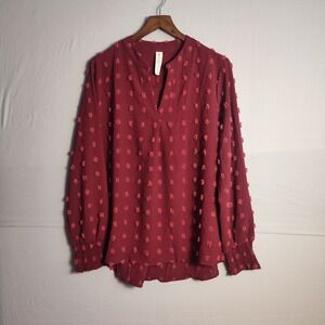 B Brand Womens XL Burgundy Swiss Dot Long Sleeve Smocked Cuff V-Neck Blouse Top